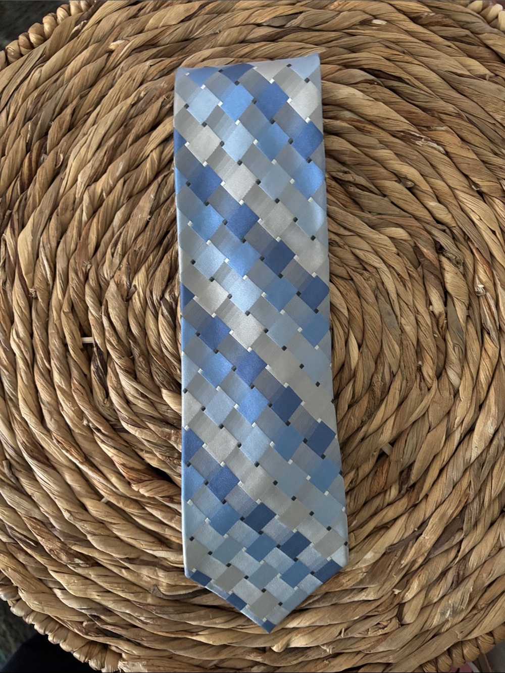 Woven Blue and Silver Check Tie - Men Accessories